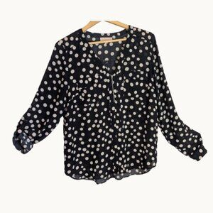 Blousology Black w/ Cream Polka Dot Blouse Sheer V Neck | XL Mint Condition Y2K